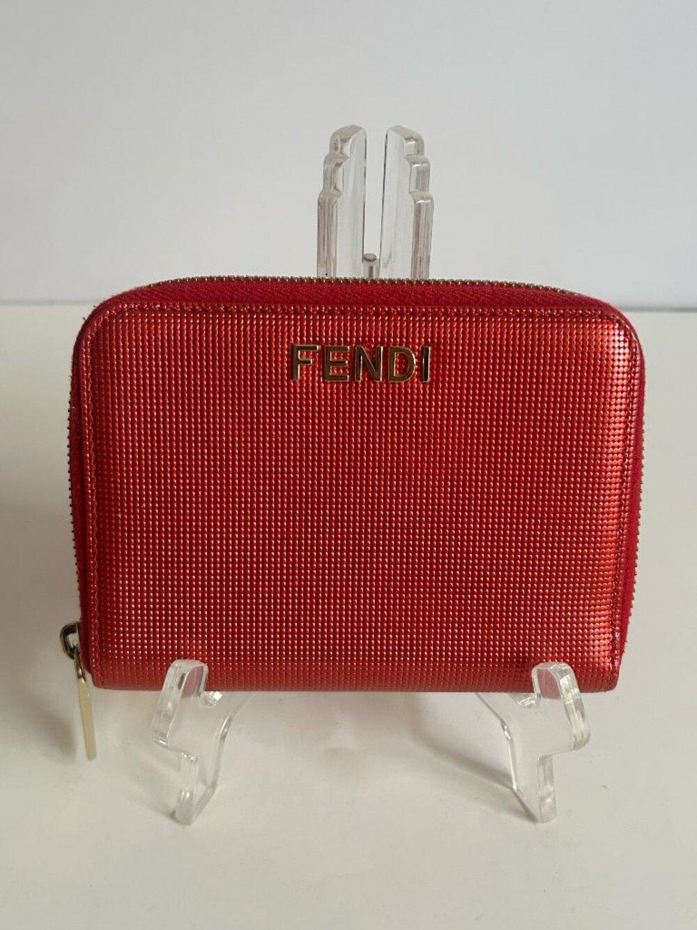 FENDI Gold Logo Red Metallic Textured Leather Zip Around Wallet